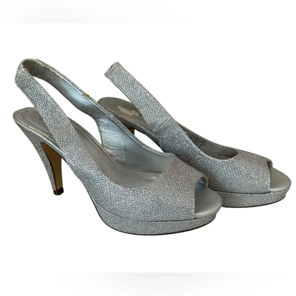Call it Spring Women's Heels Silver Glitter Formal Peep-Toe Slingback Size 7.5